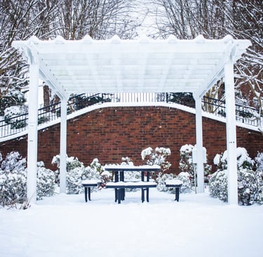 Patio, pergola, table, and landscaping covered in snow