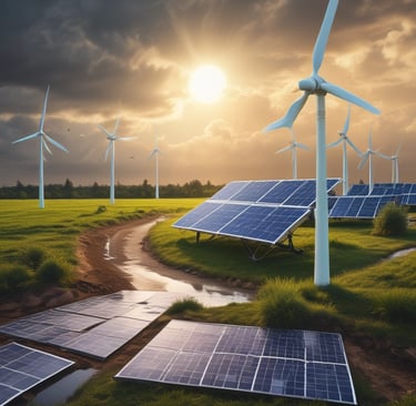 a field with wind turbines and solar panels
