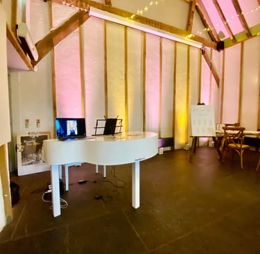 White Portable Piano | Piano Shell Wedding Pianist Kimbridge Barn Hampshire