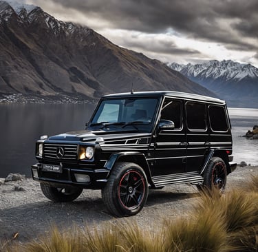 Black Mercedes-Benz G-Wagon on at Lake Wakatipu