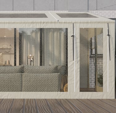 PVCFAB Aluminium pergola with heavy duty roll up all weather PVC covers and curtains and pvc roof