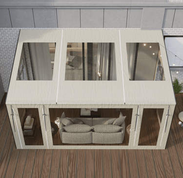 PVCFAB Aluminium pergola with heavy duty roll up all weather PVC covers and curtains with garden fur