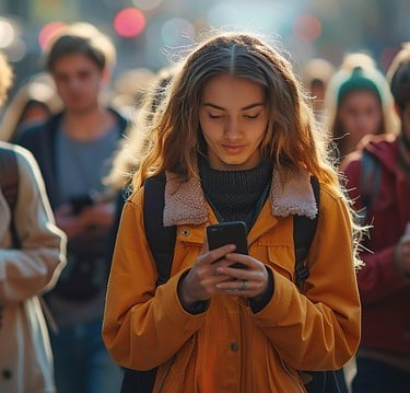 Group of young adults using smartphones, illustrating use of AI-powered chatbots in daily life