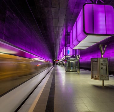 AI-powered smart metro station with futuristic purple lighting and high-speed urban transit