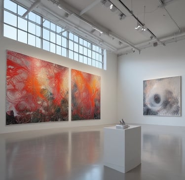 An art gallery features a richly decorated interior with blue walls adorned with classical paintings. The space has a polished wooden floor, and the lighting highlights the artworks. Two individuals are observed near the center, positioned under an archway with a high ceiling, creating a dramatic entrance to the room.