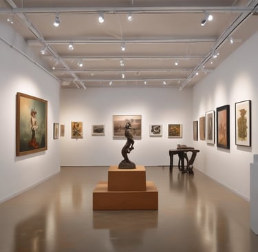 An interior of an art gallery with exposed brick walls and track lighting on the ceiling. There are several colorful abstract paintings on the walls and a red sculpture on a table to the right. The gallery has a large open window with a person visible outside walking.