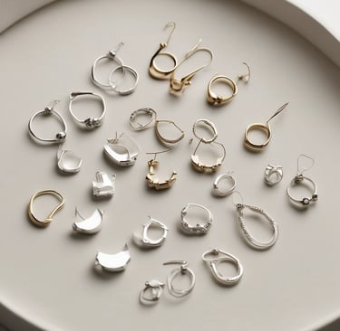 A close-up of elegant jewelry pieces, including a delicate gold chain with small pearls and a pair of ornate cufflinks set on a reflective gold surface. The background features intricate patterns that enhance the luxurious feel.