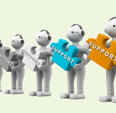 a group of robots representing people holding up puzzle pieces saying support