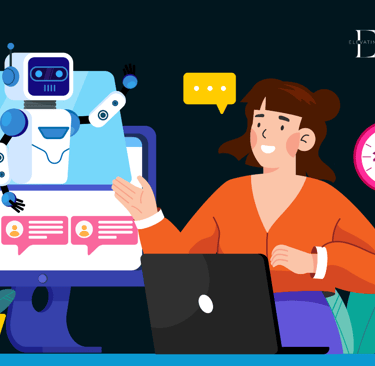 a woman sitting at a desk with a laptop and a robot