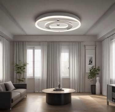 A store is filled with a variety of lighting fixtures such as chandeliers and lamps, which are displayed hanging from the ceiling. Numerous boxes and packages, likely containing electronic or lighting equipment, are neatly stacked on shelves and counters. Two people are visible in the image, surrounded by the merchandise. A potted plant and other miscellaneous items add to the cluttered yet organized feel of the space.