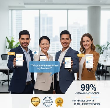 Happy diverse business owners and professionals holding devices showing 5-star reviews, positive cus