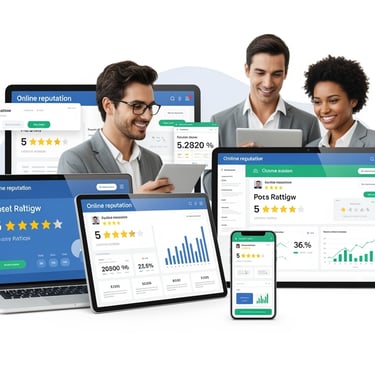 Multi-industry reputation management services grid showing healthcare, legal, restaurant, and home s