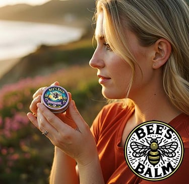 A woman faces the ocean at sunset from a beach open space, holding a 1 oz tin of Soothing Bee's Balm