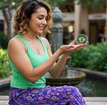 Bee's Balm's handy size makes it perfect for purses or pockets, woman holding tin of Minty Bee'sBalm