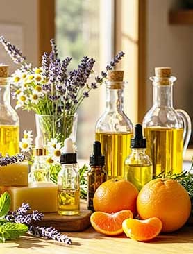 Sunny table covered with Bee's Balm ingredients, Beeswax, Olive, Almond, & Apricot Kernel Oil flower