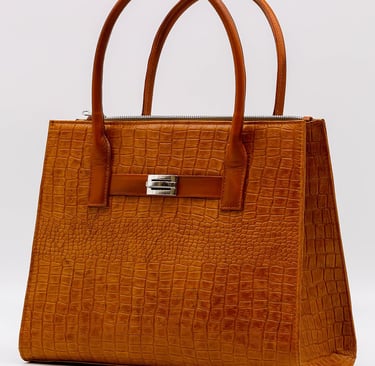 a brown leather handbag with a brown alligator skin by Heros Leather HN