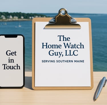 Branded clipboard and smartphone on natural wood desk, representing home watch scheduling in coastal