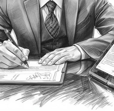 A professional in financial office signing a formal document, with the same refined signature