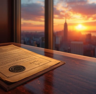 Archival corporate document framed beside a modern executive office window overlooking a city skylin