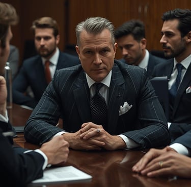 Professional corporate executives in suits holding a serious business meeting in a boardroom.