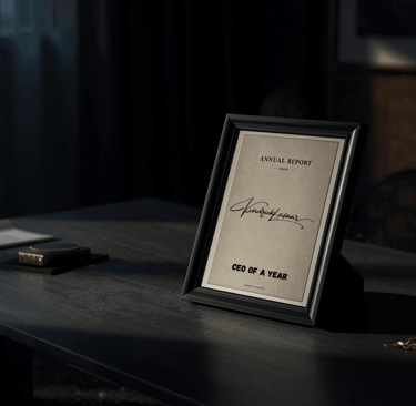 A framed CEO of the Year award and annual report sit on a dark executive desk in a professional office.
