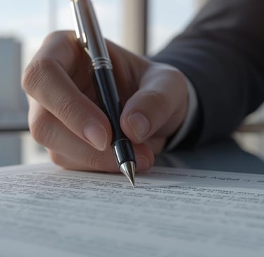Executive signing a formal agreement in a modern office, with city skyline
