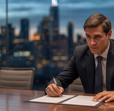 Close-up of an executive signing a major contract in a modern boardroom, with blurred city skyline i