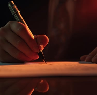 A composed professional signing an important document, with a calm posture and a clearly visible ref