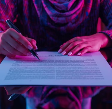 A person in a colorful jacket signs a legal document or contract with a pen, illuminated by blue and pink light.