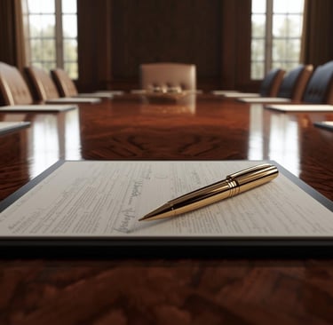 Elegant boardroom table with signed executive documents, luxury pen, and soft natural light.