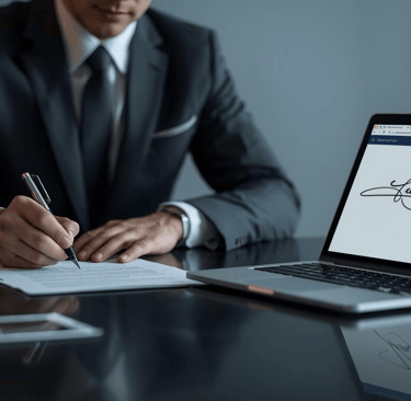 A businessman in a suit signs a legal contract next to a laptop displaying an electronic signature.