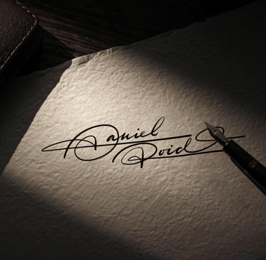 Elegant handwritten signature on parchment paper with a luxury fountain pen in dramatic lighting.