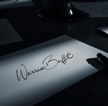 A close-up of Warren Buffett's signature on white paper with a black fountain pen on a desk.