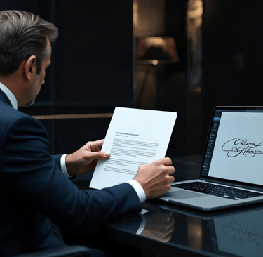 A businessman reviews a document next to a laptop displaying a digital signature for electronic contract signing.