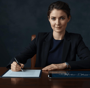 Beautiful woman signing a contract with her custom made signature