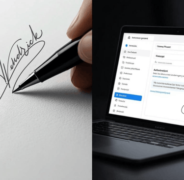 A side-by-side scene showing a handwritten signature on paper and the identical signature on screen
