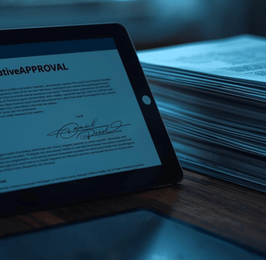 Digital tablet displaying a signed executive approval beside traditional paper contract—symbolizing