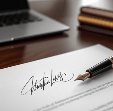 A fountain pen rests on a signed legal document on a mahogany desk near a laptop.