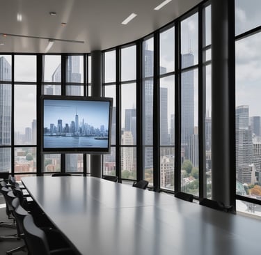 Ein Konferenzraum mit einem Großbildfernseher und einem Großbildfernseher