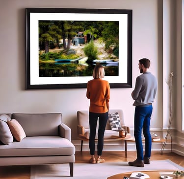 a man and woman standing in front of a fine art print on the wall.