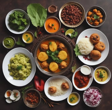 A lavish spread of Middle Eastern or South Asian cuisine is presented on a large metal tray. There are servings of yellow saffron rice and grilled chicken with a side of onions, garnished with lemon and fresh herbs. Two glasses of a yogurt-based drink, possibly lassi, are seen alongside. Additional side dishes include a bowl of green chili peppers and herbs, pickled vegetables, and a small bowl of olives. A large flatbread rests on the side, and the scene is set against a red patterned fabric.