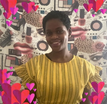Photo of my friend, a young Black woman in yellow shirt with short natural hair, a collage of fashion images in background
