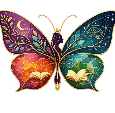 Uma obra de arte colorida em forma de borboleta, apresentando símbolos celestiais e livros abertos e