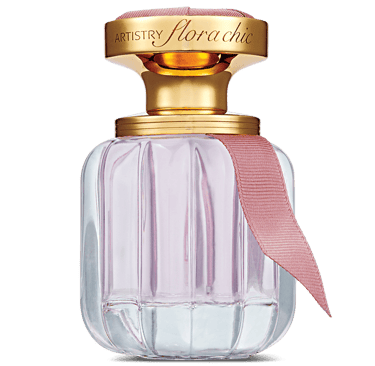 a perfume bottle with a pink ribbon around it