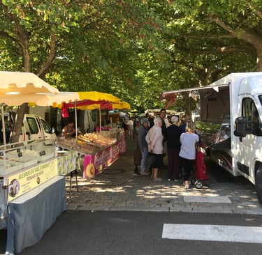 A vibrant Quillan  market with people shopping at food stalls and food trucks under green trees.