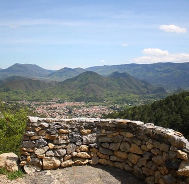 Panoramic view from Pic de Bitrague above Quillan, overlooking the Three Quilles and the Haute Vallée de l'Aude