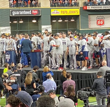 Atlanta Braves players on stage after defeating the Houston Astros on November 2, 2021.