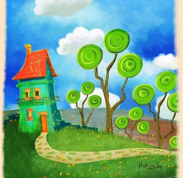 cartoon green house with a red roof, surrounded by round-topped trees under a rainy sky. vibrant Children’s book illustration