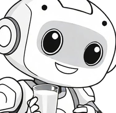a cartoon robot with a glass of milk