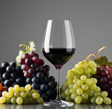 a glass of wine with different grapes around